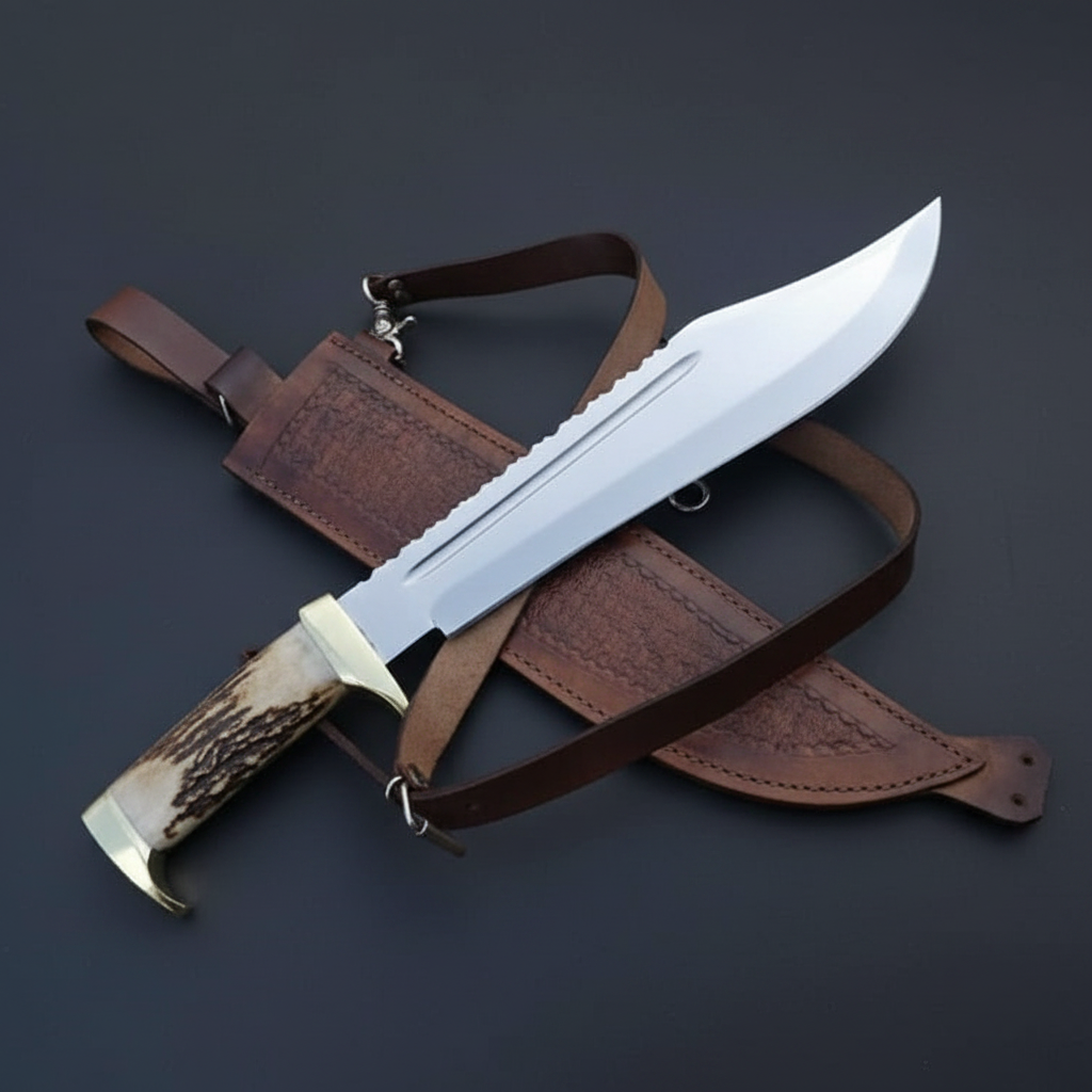 Large American classic Bowie knife with stag antler handle and embossed leather shoulder sheath, mirror studio shot left facing
