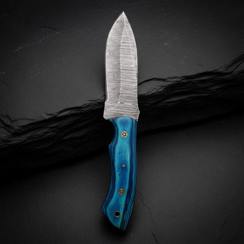Damascus steel skinner knife with blue pakkawood handle vertical luxury shot on dark charcoal slate background blade pointing up