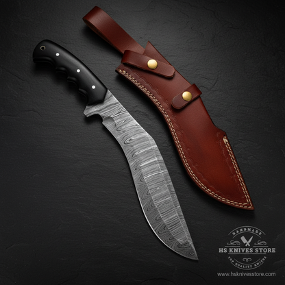 Damascus Kukri knife with black micarta handle and brown leather sheath displayed vertically on dark slate luxury studio background