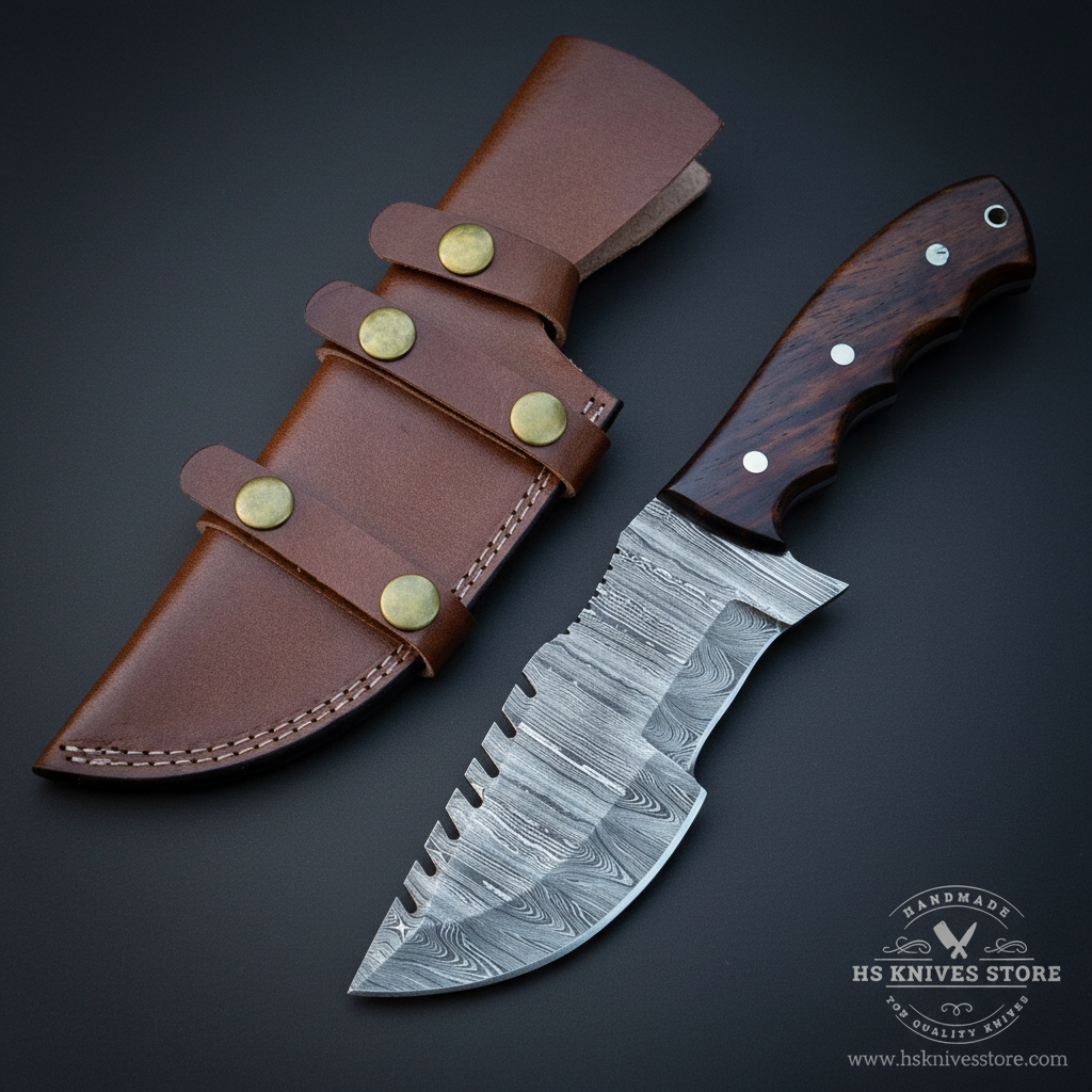 A fixed-blade knife with a patterned Damascus steel blade and a dark wood handle, shown next to a brown leather sheath with brass snaps on a dark background. A 'HS Knives Store' watermark is visible in the bottom right corner.