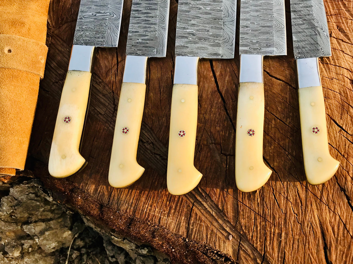 HS-152 Custom handmade Damascus 5 pecs chef set’ kitchen knives ‘ git for him ‘ gift for Dad ‘camel bone handle