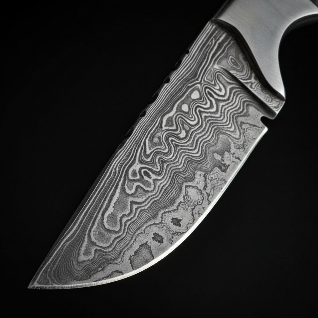 Damascus steel skinner knife blade edge and spine drop point close-up