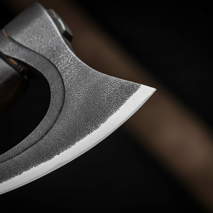 Macro close-up of curved hand forged carbon steel Viking bearded axe blade hammered finish sharp edge