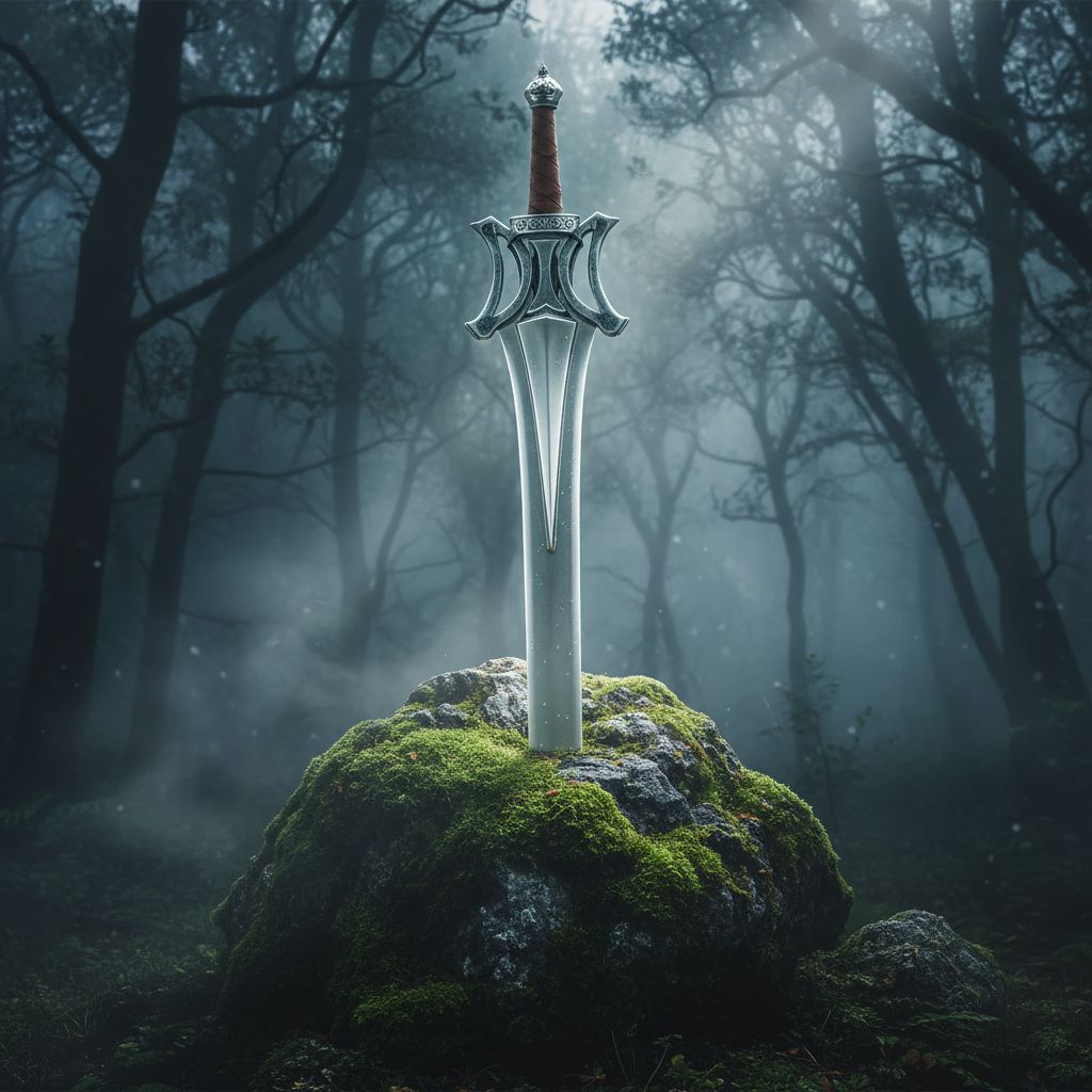 Fantasy medieval broad sword embedded in mossy stone in dark misty forest cinematic fantasy style
