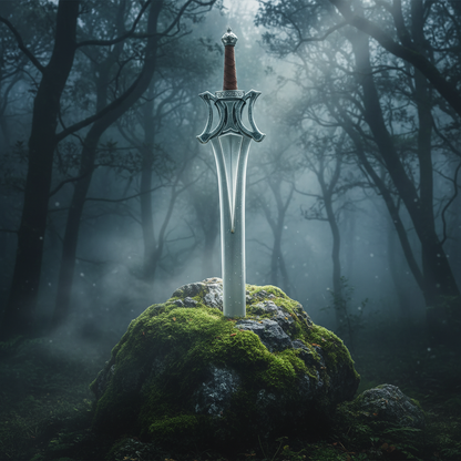 Fantasy medieval broad sword embedded in mossy stone in dark misty forest cinematic fantasy style