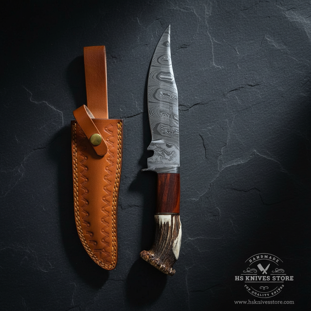 Vertical luxury shot of Damascus steel Bowie knife stag crown handle on dark slate background blade pointing up
