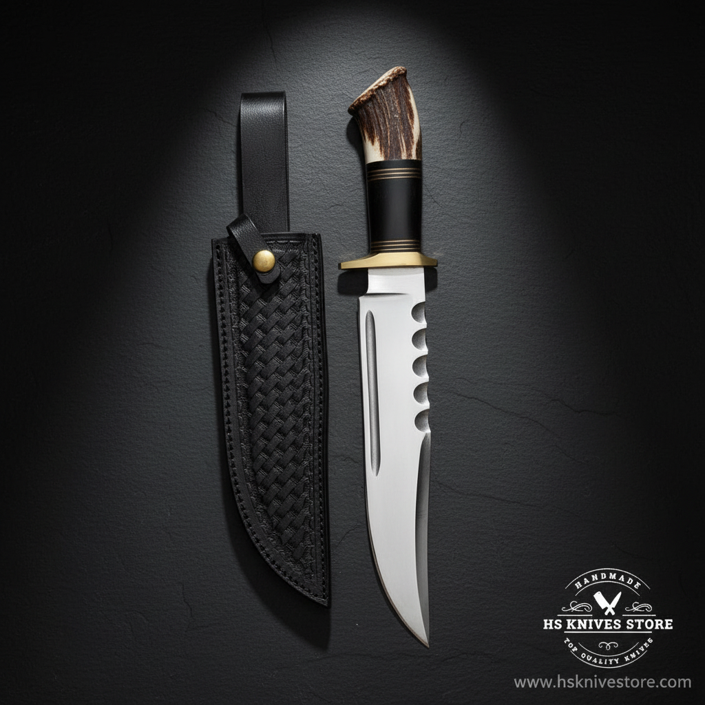Hand forged Bowie knife displayed vertically on dark slate with elk antler handle and black leather sheath luxury shot