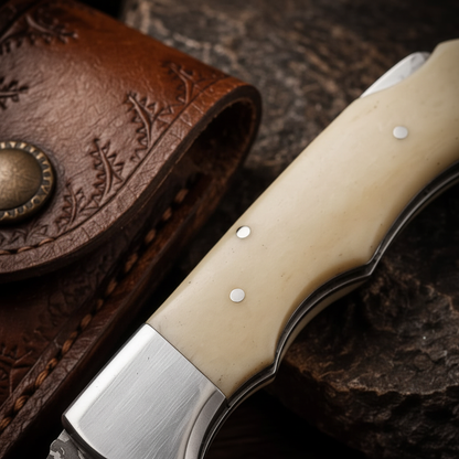 White bone handle close-up Damascus folding knife steel bolster pins back lock detail