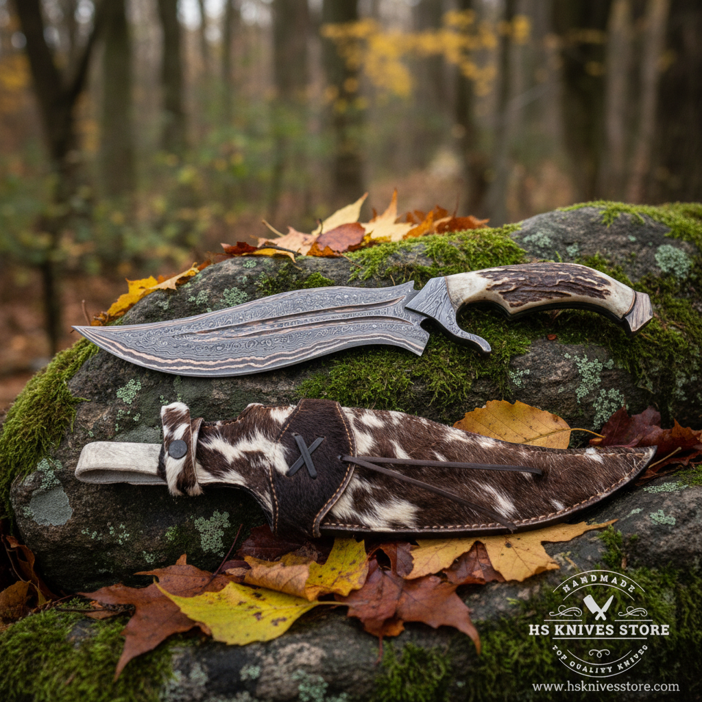 Damascus copper Bowie knife stag handle resting on mossy rocks in outdoor forest setting with cowhide fur sheath