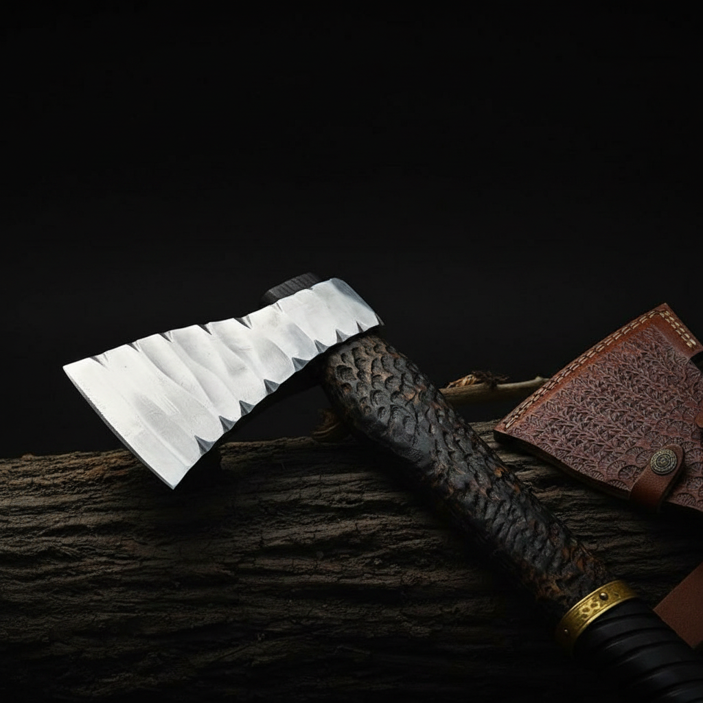 Macro close-up of hand forged carbon steel Viking axe blade serrated wavy edge detail
