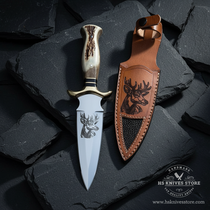 Vertical luxury shot of D2 steel dagger knife with stag antler handle on dark slate background blade pointing up