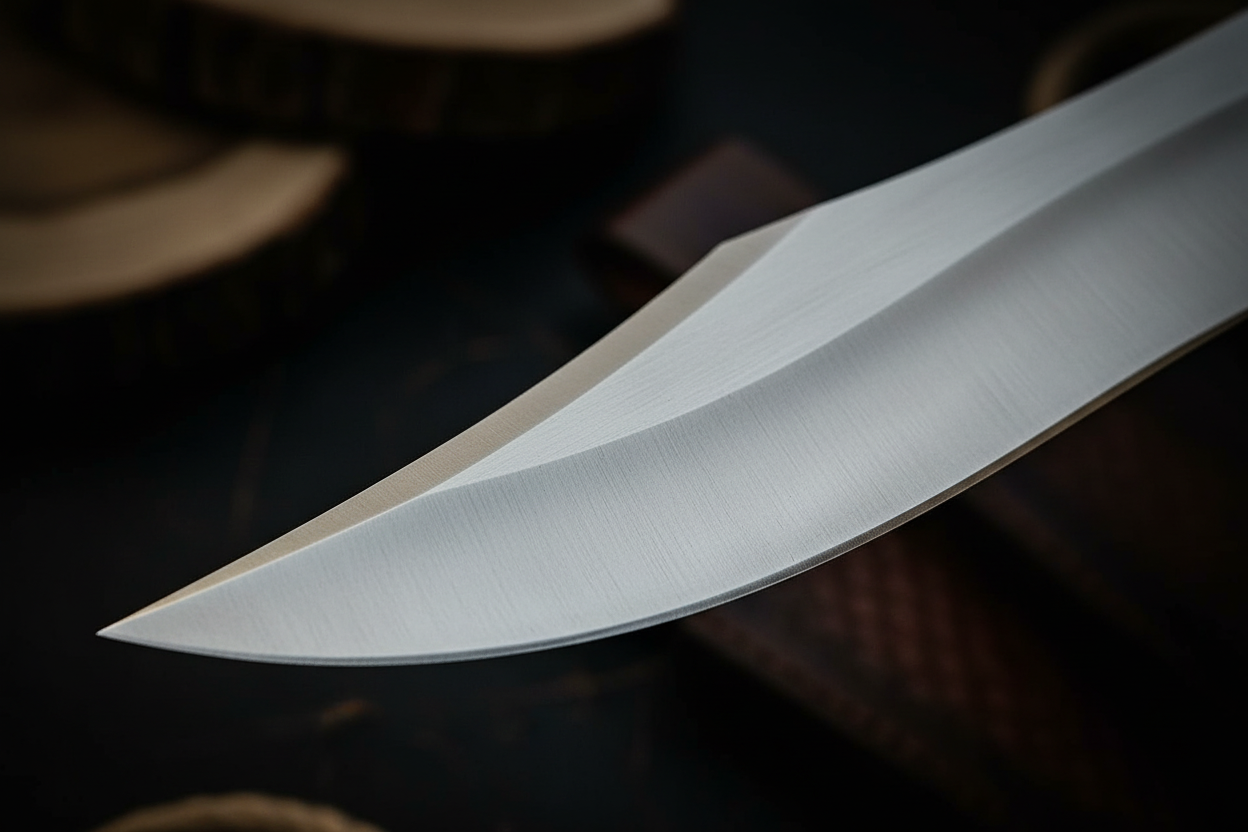 Close up of D2 steel clip point Bowie knife blade edge mirror polish detail