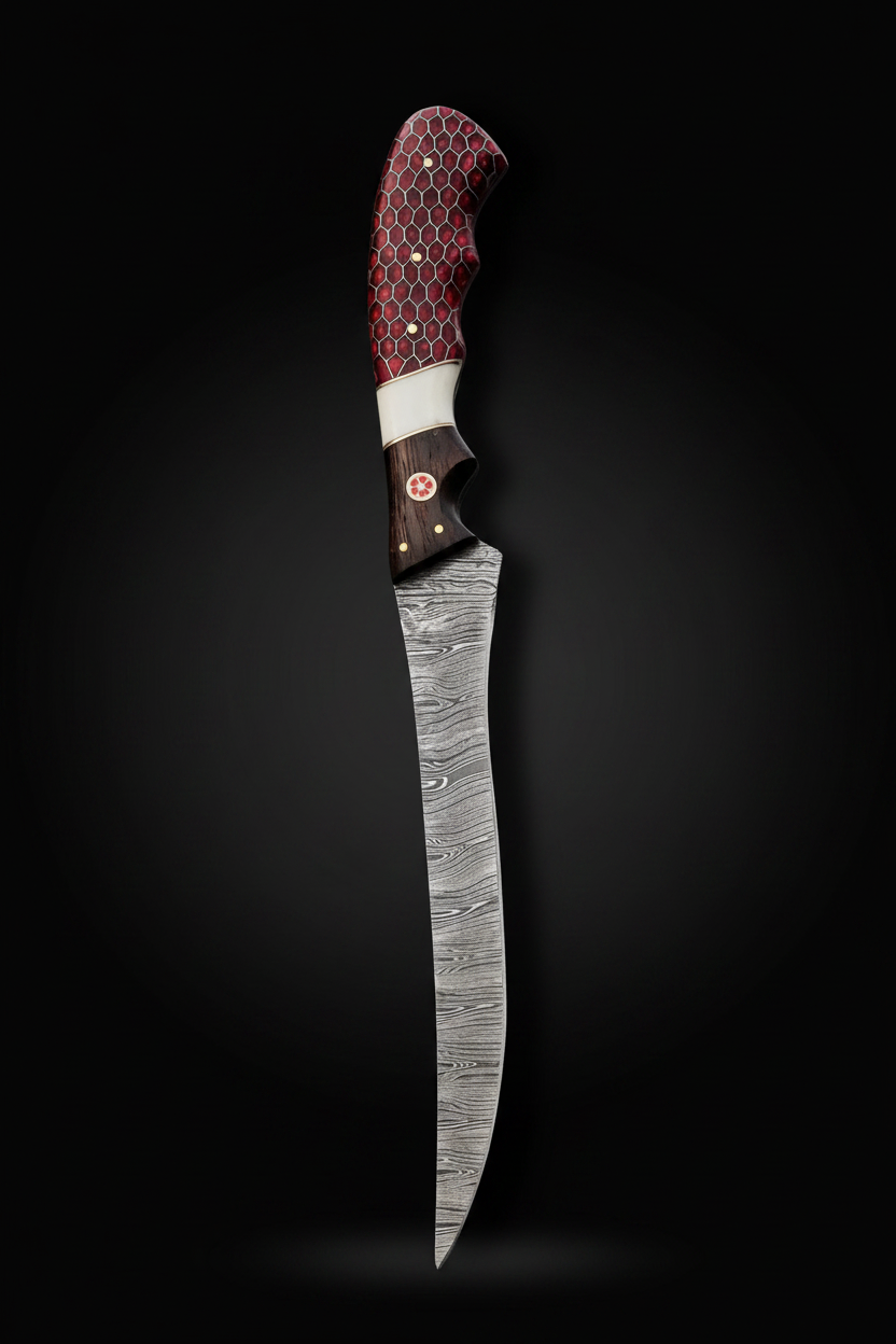 Handmade Damascus steel fillet knife with red honeycomb G10 handle on black background dramatic studio lighting professional product photography