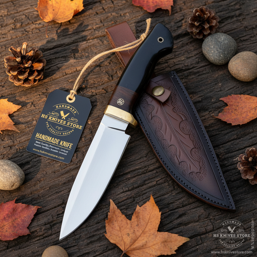 D2 steel hunting knife black G10 handle flat lay on dark rustic wood with HS Knives Store hang tag attached autumn leaves pine cones