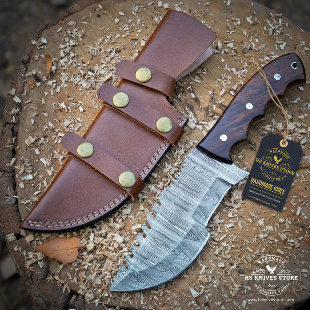 A handmade fixed-blade knife with a patterned Damascus-style steel blade and dark wood handle, shown beside a brown leather sheath on a wood stump covered in wood shavings. A hanging tag reads RS Knives Store Handmade Knife.