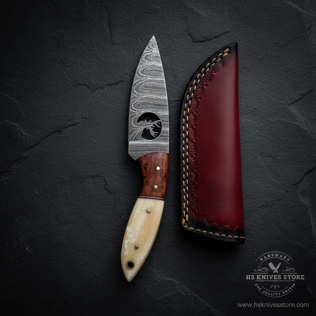 Vertical luxury shot of Damascus steel skinner knife moose etching on dark slate background with burgundy leather sheath