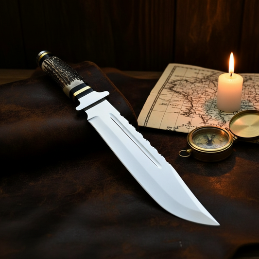 D2 steel Bowie knife with stag antler handle displayed on dark leather with folded map and compass explorer adventure concept