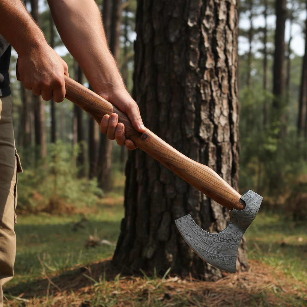 Hands holding Damascus Viking bearded axe with rosewood handle beside large tree trunk in outdoor forest