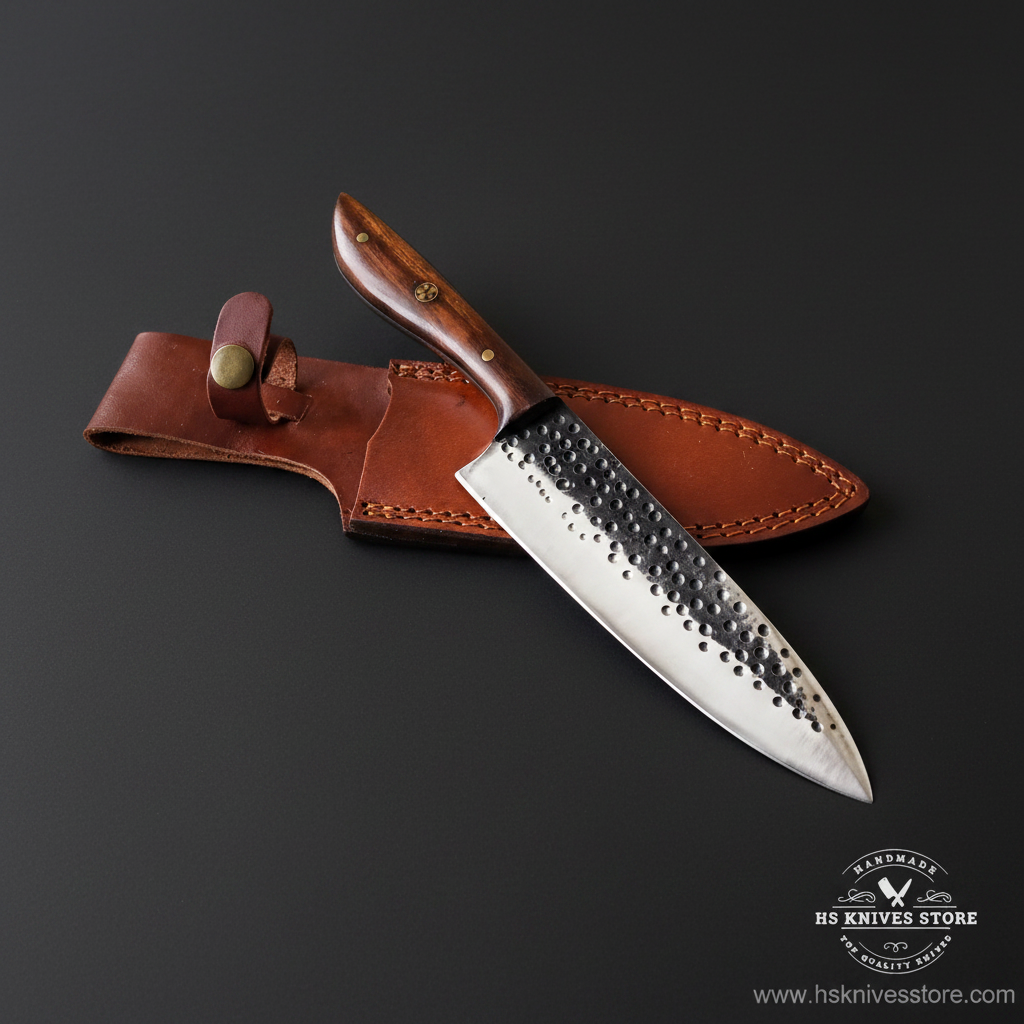Carbon steel chef knife with hammered blade and walnut wood handle and tan leather sheath on dark charcoal background studio shot