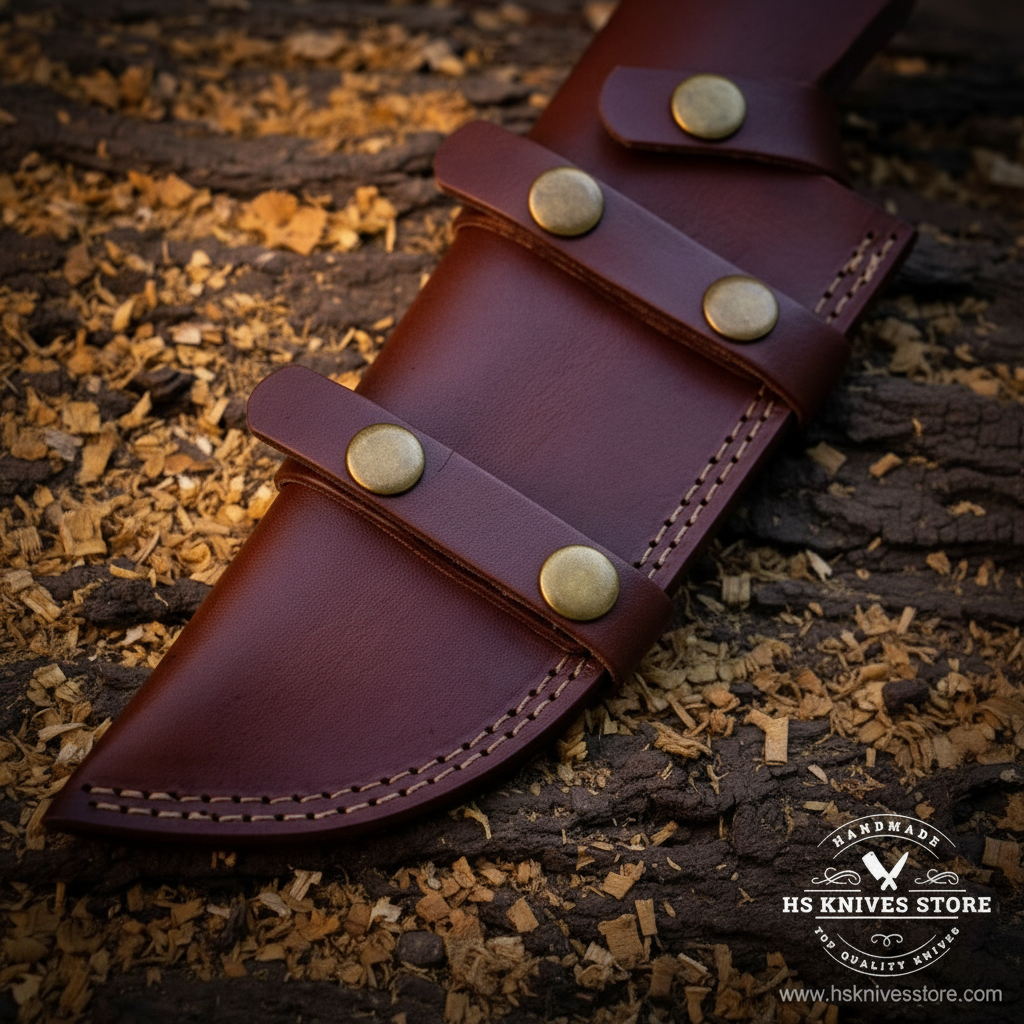 Close-up macro of dark burgundy brown leather multi-pocket sheath with 3 front pockets and brass concho snap buttons and brown stitching