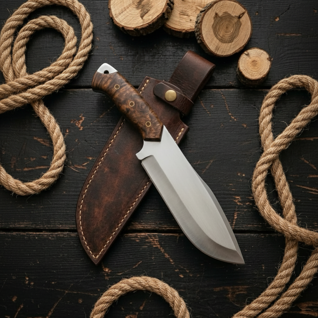 Handmade D2 steel Bowie knife burl wood handle flat lay rustic dark wood surface brown leather sheath rope props
