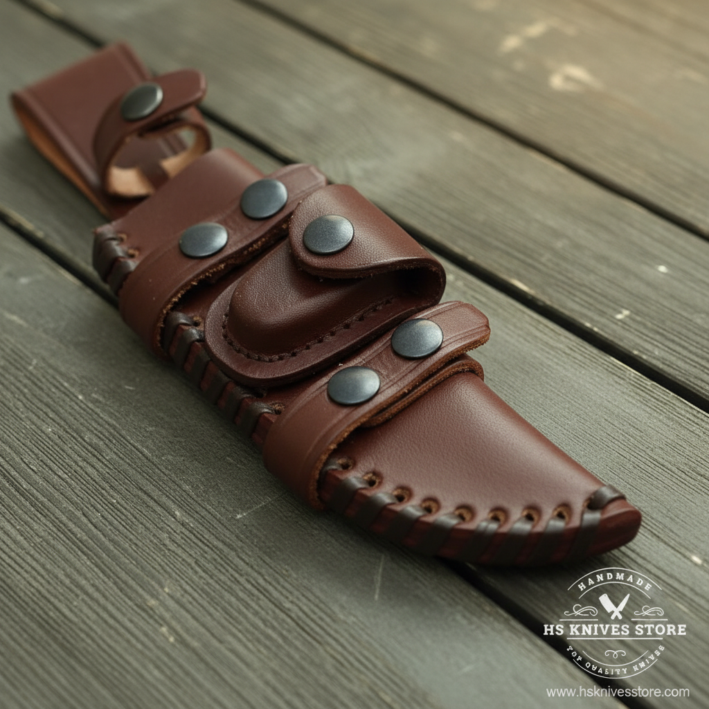 Close-up macro of dark brown leather sheath with multiple belt loop slots and gray silver snap rivets for hand forged hunting knife