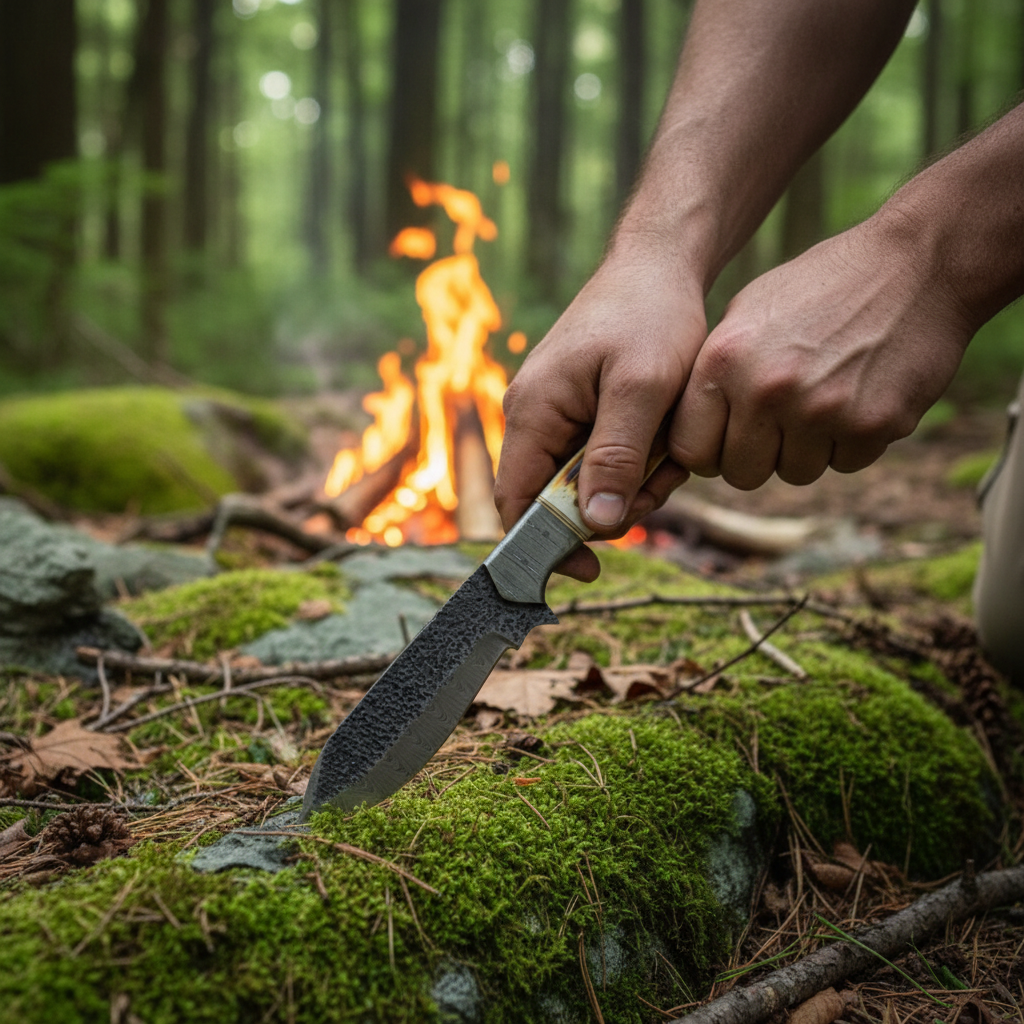 Hands holding Damascus tracker hunting knife with burned bone handle near campfire in outdoor forest