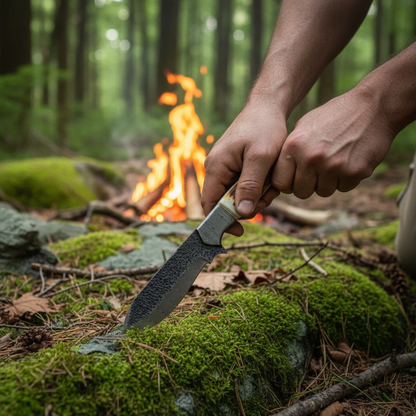 Hands holding Damascus tracker hunting knife with burned bone handle near campfire in outdoor forest