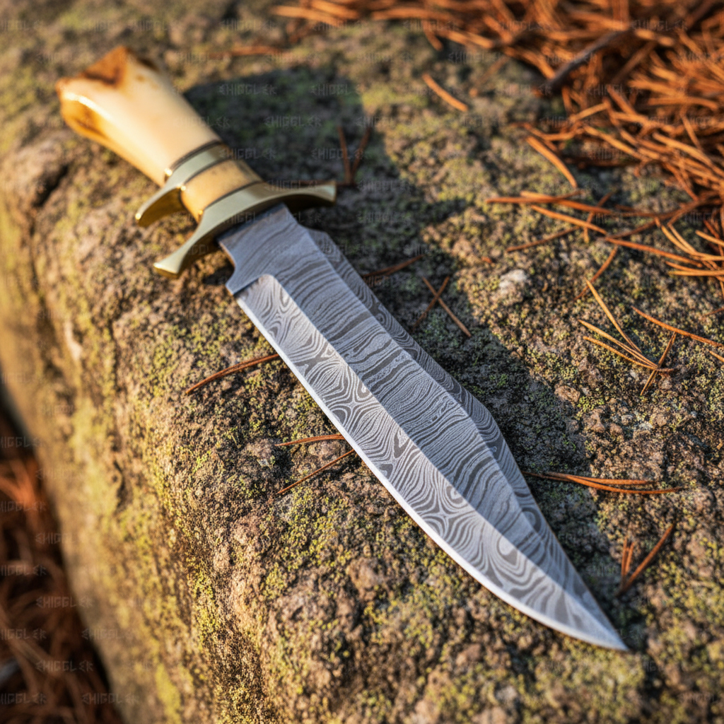 damascus-blade-macro-wavy-pattern-clip-point-bowie-knife-forest-rock