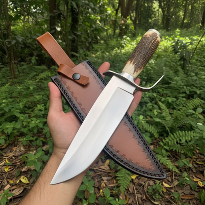 Handmade D2 Bowie knife antler handle outdoor nature green background