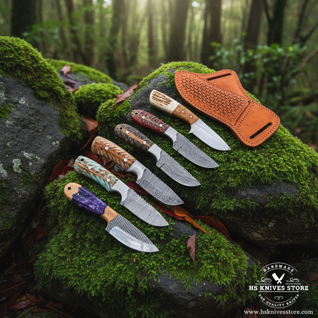 6-piece skinner knife bundle resting on large mossy rocks in outdoor forest setting all blades clearly visible
