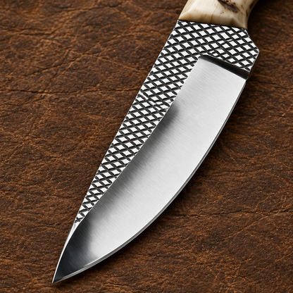 Close-up of crosshatched Rasp Steel texture and polished Skinner blade bevel
