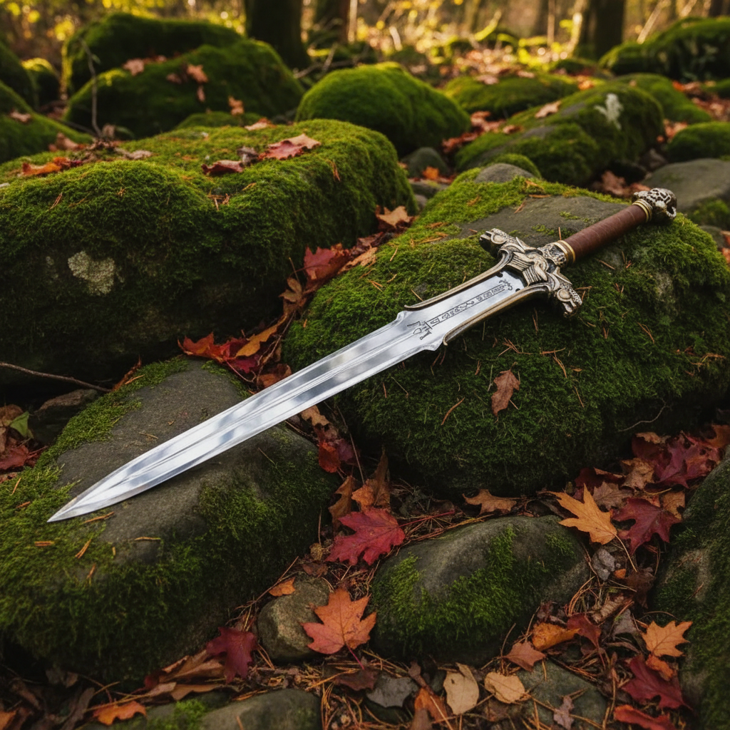 Barbarian broad sword laid on mossy rocks in forest floor setting with green moss and autumn leaves