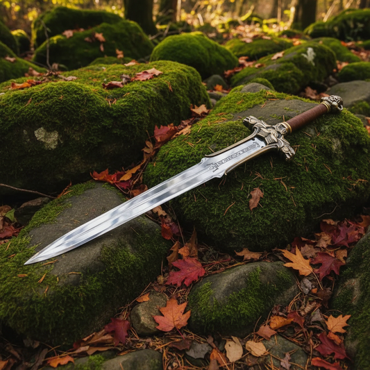 Barbarian broad sword laid on mossy rocks in forest floor setting with green moss and autumn leaves