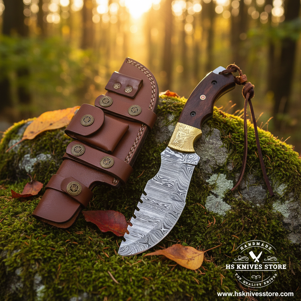 Damascus steel tracker knife with brass bolster and wood handle and leather sheath on mossy rocks in forest setting