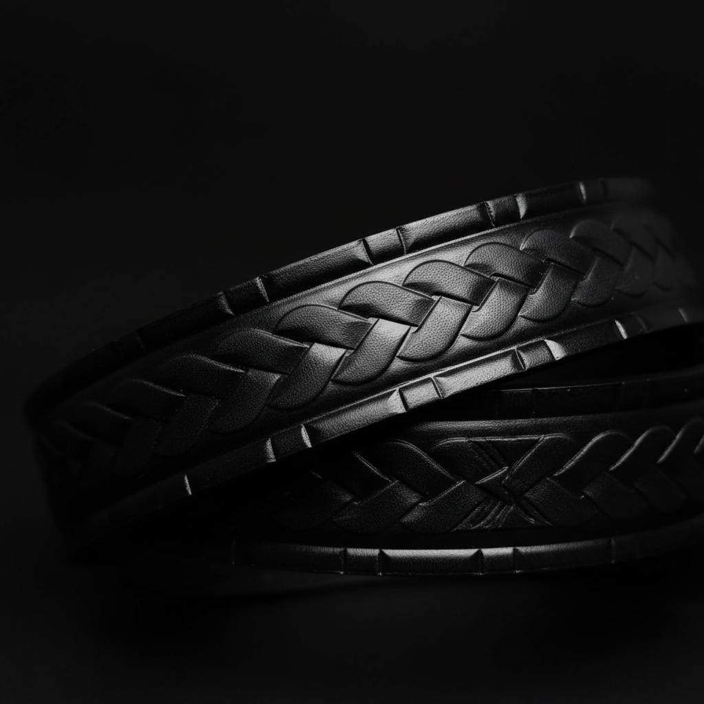 Braided woven embossed pattern macro close-up black leather western belt detail
