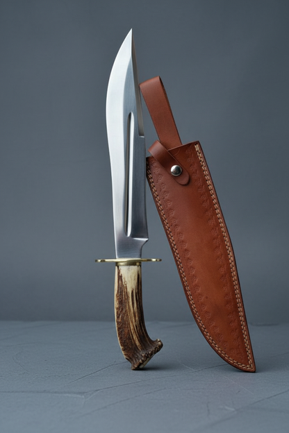 Handmade D2 Bowie knife vertical luxury shot slate background