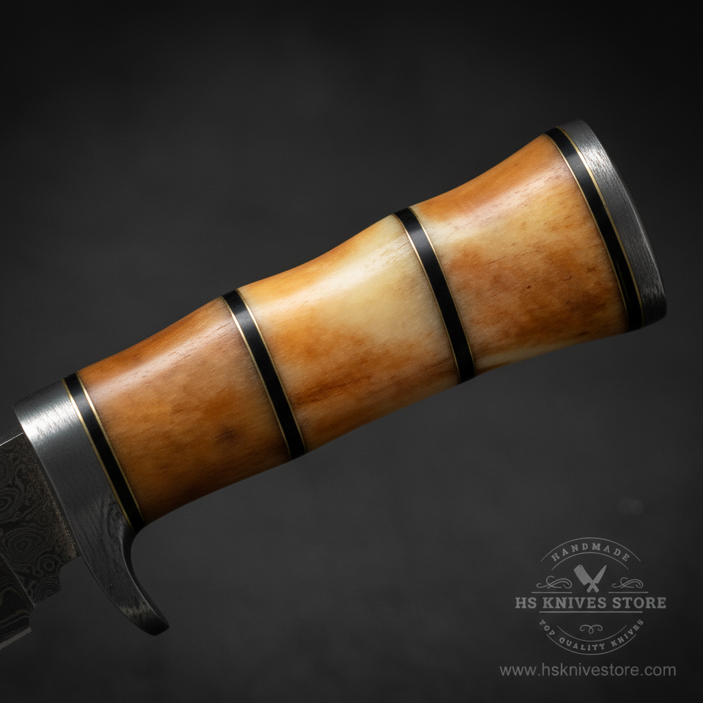 Close-up macro of stacked camel bone handle with warm honey cream tones black spacer rings and rounded pommel on Damascus skinner knife