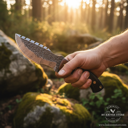 Hunter hand gripping buffalo horn handle Damascus steel tracker knife in action pose outdoor forest golden sunlight