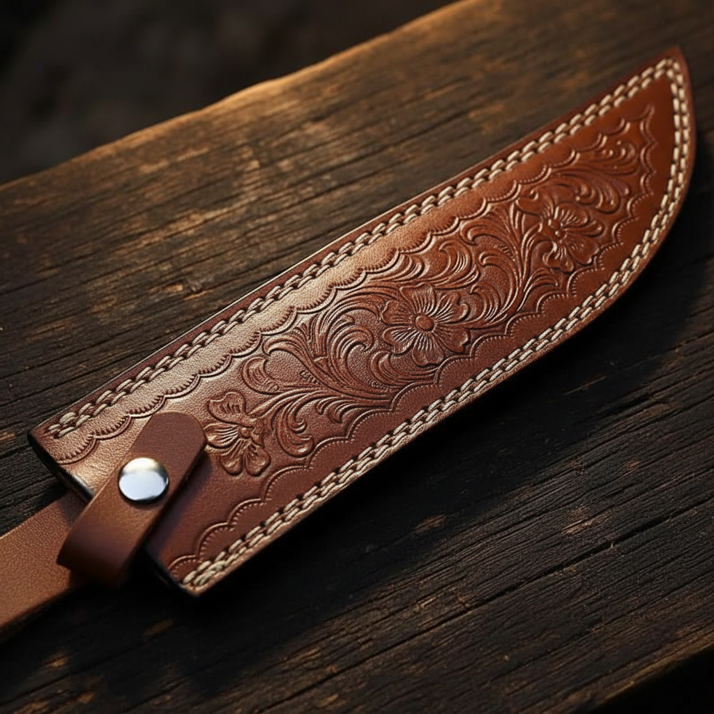 Brown leather knife sheath with embossed floral pattern and belt loop snap button detail macro shot