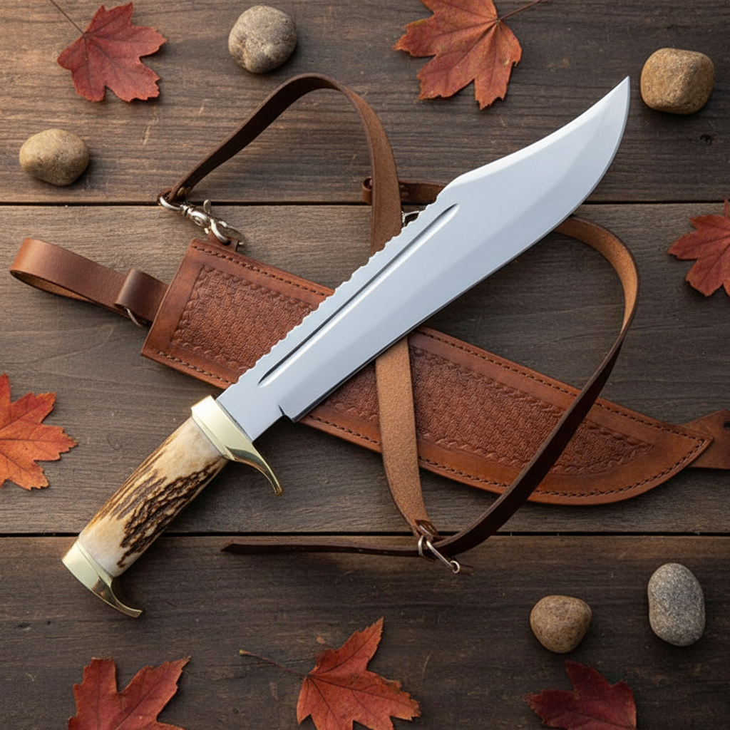 Handmade 16 inch Bowie knife flat lay on rustic wood with brown leather shoulder sheath and carry straps