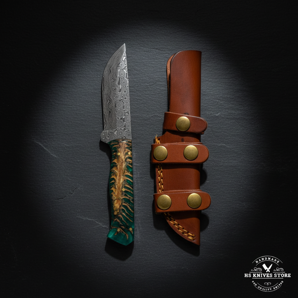 Damascus steel skinner knife displayed vertically on dark slate with green resin pine cone handle and tan leather belt sheath luxury shot