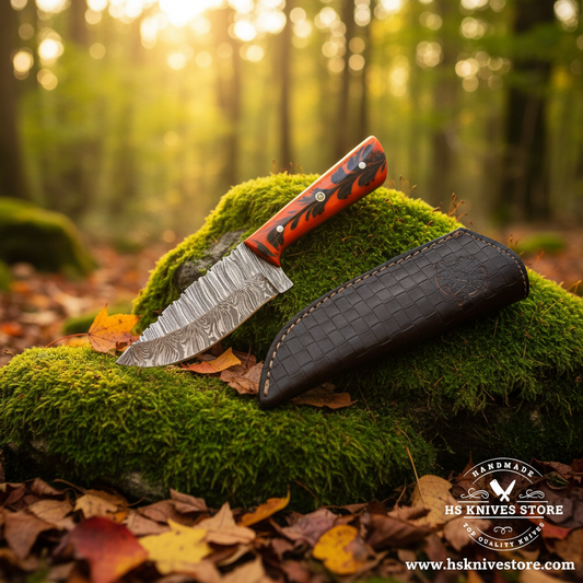 Damascus skinner knife with orange resin handle and crocodile sheath resting on mossy rocks in forest setting