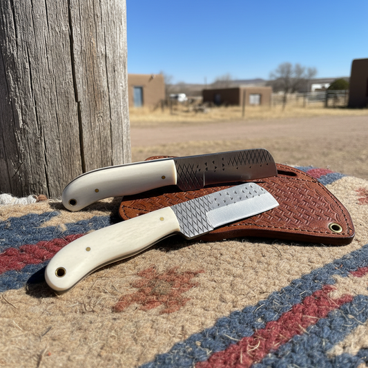 Back and reverse view of the same pair of Rasp Tool Steel Bull Cutter Knives beside the matching leather pancake sheath