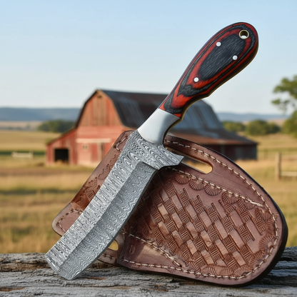 Left-side view of a handmade Damascus bull cutter with hardwood handle near a western barn