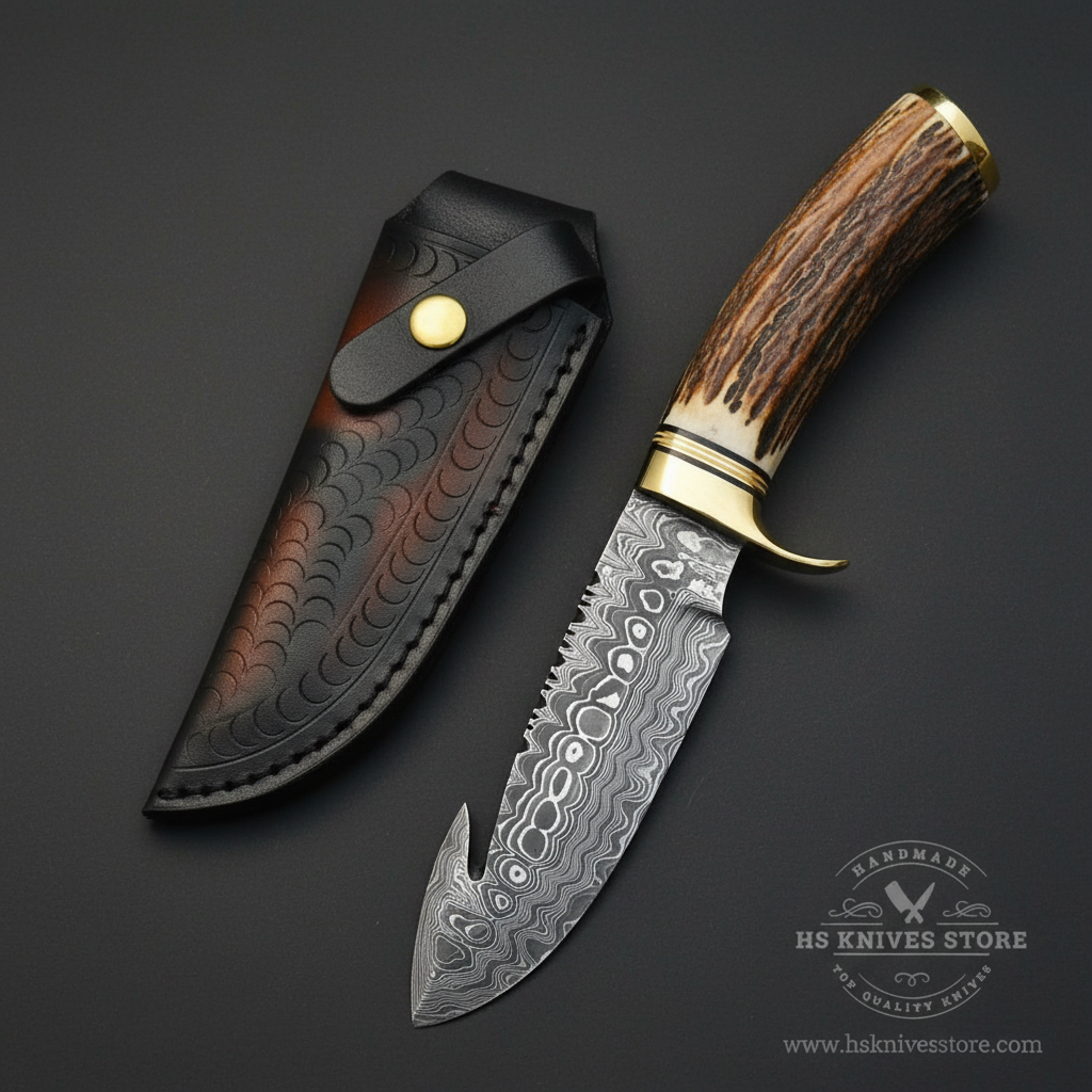 Damascus steel gut hook hunting knife stag antler handle brass collar bolster dark black fish scale leather sheath dark charcoal studio mirror