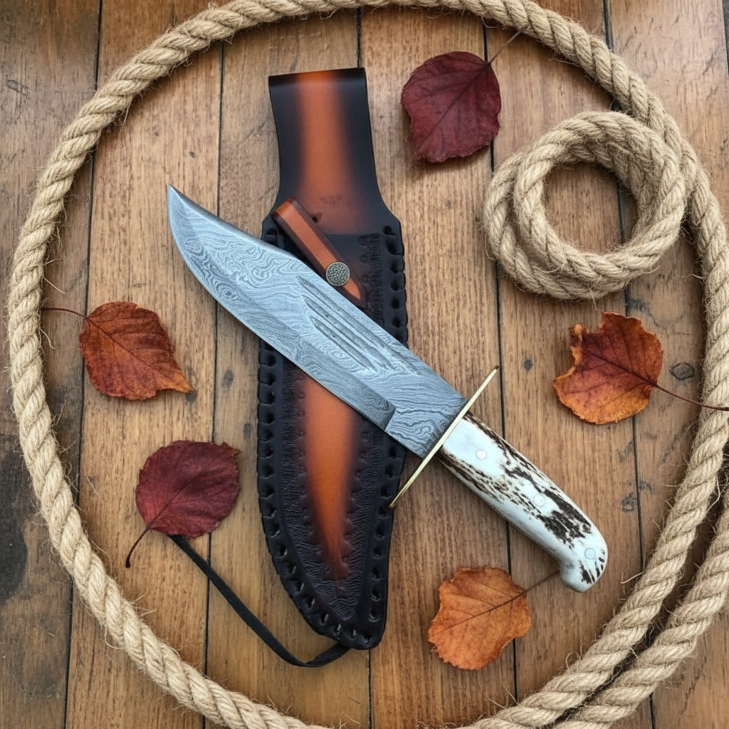 Handmade Damascus Bowie knife flat lay rustic wood surface black leather sheath natural props