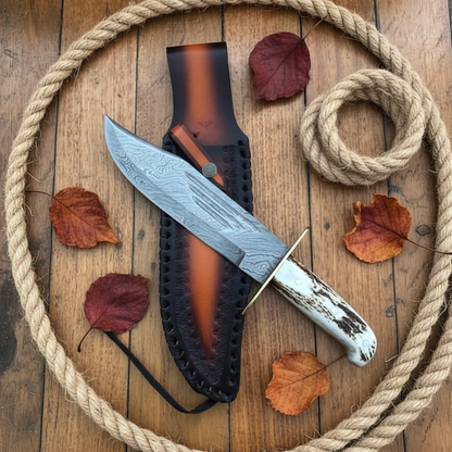 Handmade Damascus Bowie knife flat lay rustic wood surface black leather sheath natural props