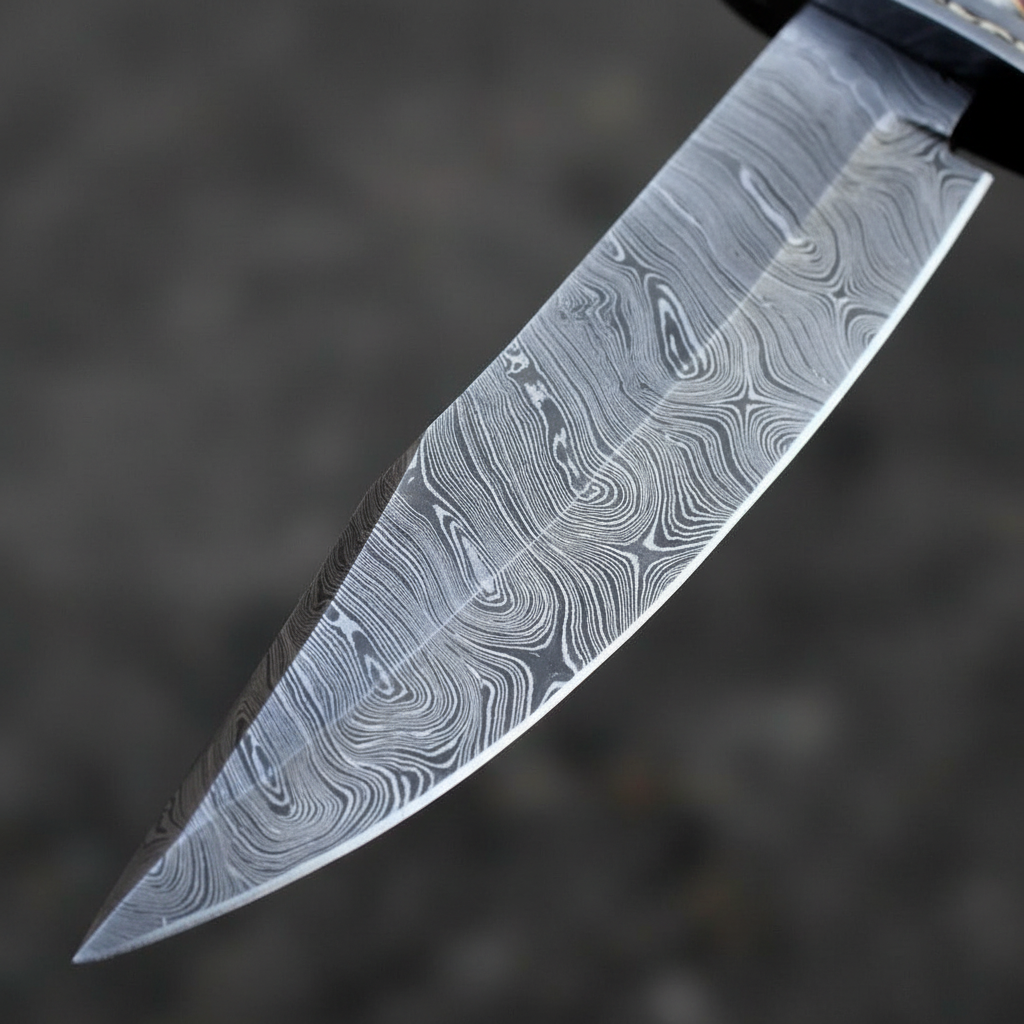 Damascus steel blade close-up showing flowing layered pattern and sharp drop point tip