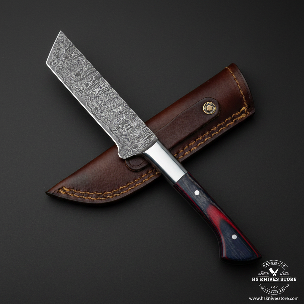 Damascus tanto cleaver knife with blue red pakkawood handle steel bolster and brown leather sheath on dark charcoal studio background facing right